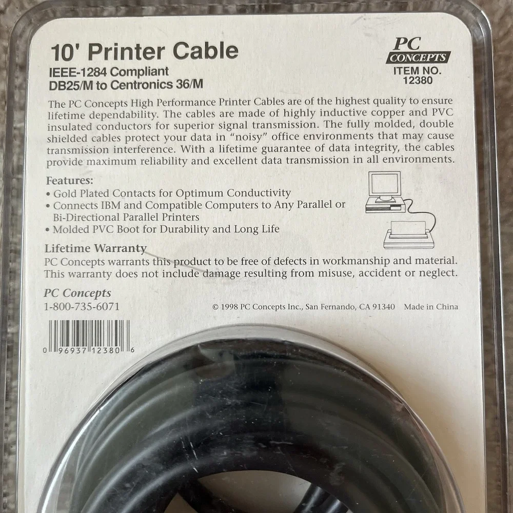 *New* PC Concepts Printer Cable, IEEE-1284 Compliant, 10 ft. 12380